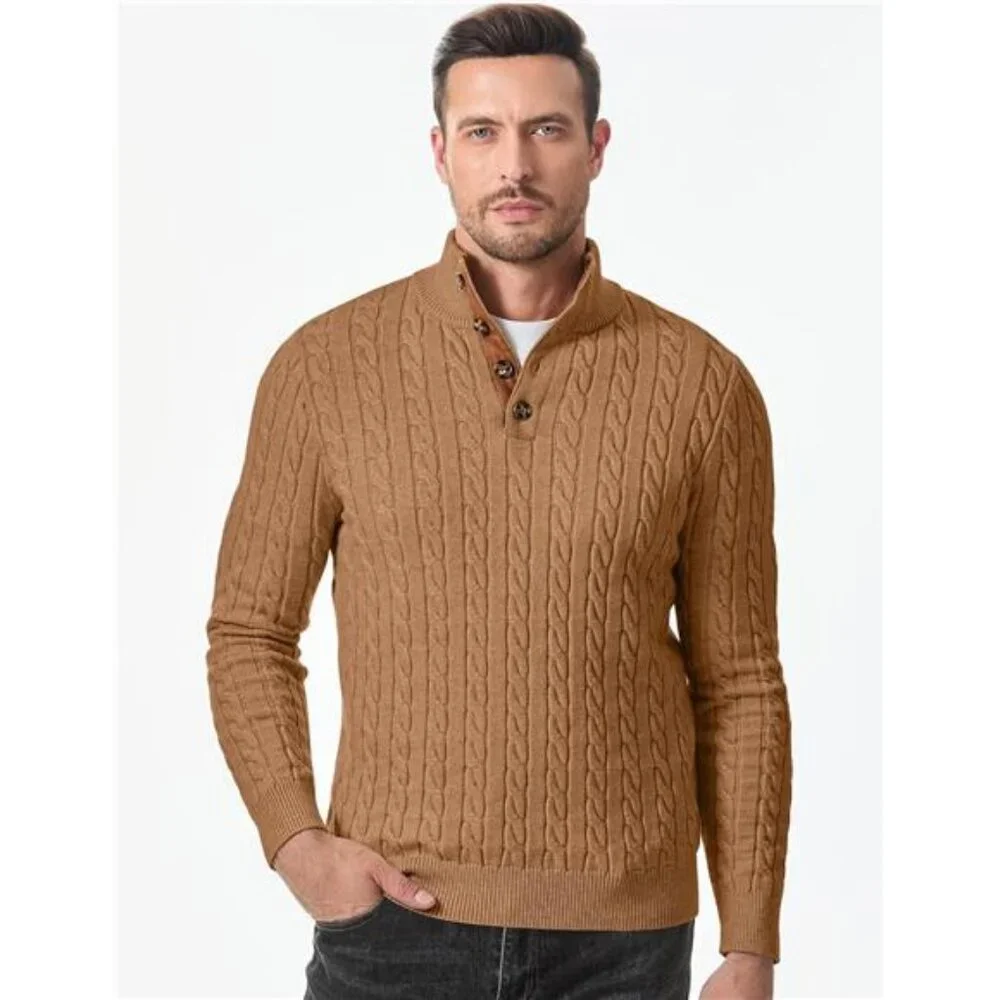 NEW Men's Cable Knit Pullover Sweater Casual Long Sleeve Stand Collar - Picture 4 of 6